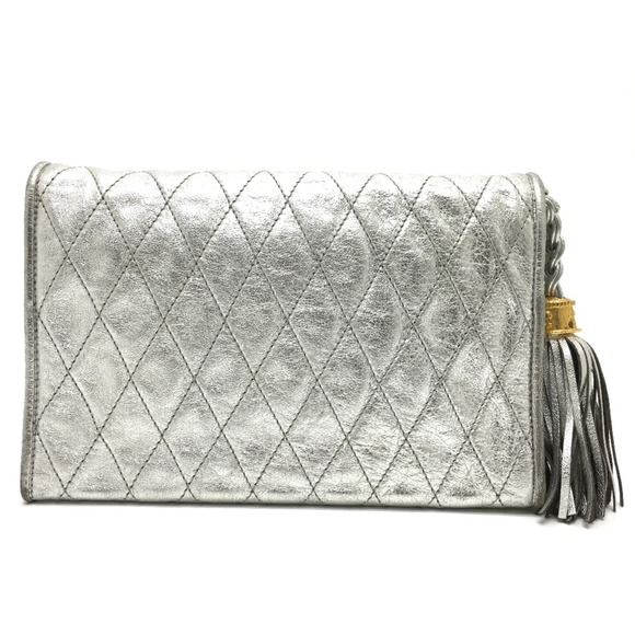 CHANEL Quilted Matelasse Chain Pochette Bag Silver x Gold Hardware - Picture 2 of 13